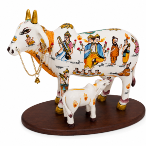 Hand-Painted White Kamadhenu Divine Cow and Calf Figurine