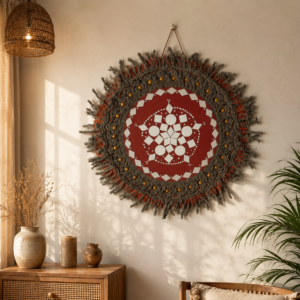 Charcoal Grey Circular Macrame Wall Hanging with Red Mandala