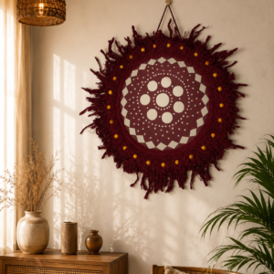 Crimson Burgundy Circular Macrame Mandala Wall Hanging