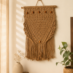 Hand-Woven Natural Jute Macrame Wall Hanging with Wooden Beads