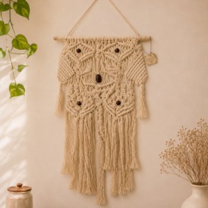 Whimsical Off-White Handcrafted Macrame Owl Wall Hanging