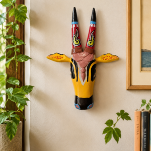 Ethnic Flame-Horned Yellow Wooden Cow Head Wall Art