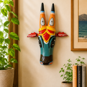 Handpainted Turquoise Wooden Cow Head Vibrant Wall Décor
