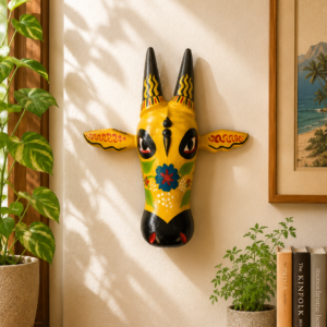 Handcrafted Yellow Wooden Cow Head Wall Art with Floral Detail