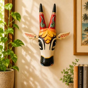 Premium Ivory Wooden Cow Head Wall Sculpture with Red Horns