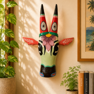 Lime Green Handpainted Wooden Cow Head Festive Wall Hanging