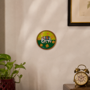 Circular Handpainted Wooden Plate Wall Art with Elephant