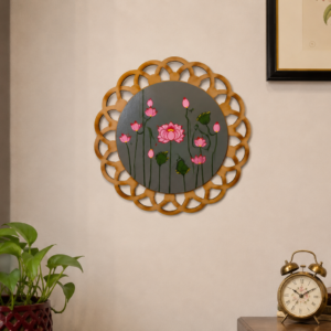 Geometric Carved Wooden Wall Plate with Painted Lotus Art