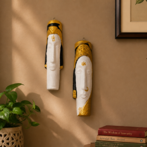 Stylized Clay Face Mask Wall Art Pair in Gold and White