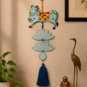 Turquoise Handpainted Wooden Cow Hanging with Lotus Accents