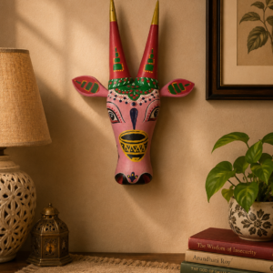 Pastel Pink Wooden Cow Head Wall Hanging with Green Crown