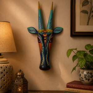 Handpainted Blue Wooden Antelope Head Wall Accent Art