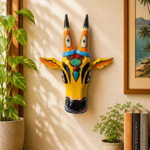 Royal Yellow Wooden Cow Head Wall Hanging with Orange Horns