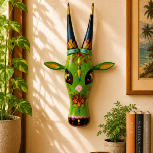 Handpainted Green Wooden Antelope Head Wall Hanging