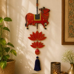 Red Handpainted Wooden Cow Hanging with Lotuses and Tassel