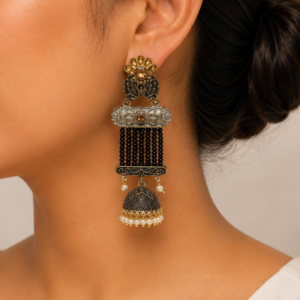 Black Beaded Chandelier Jhumka Earrings with Pearls