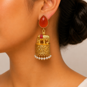 Royal Gold Elephant Motif Jhumka Earrings with Pearls