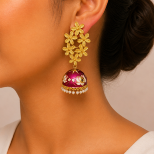 Gold Floral Filigree Magenta Lotus Jhumka Earrings