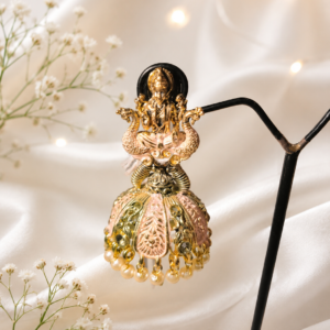 Handcrafted Peach Temple Lakshmi Jhumka Earrings With Pearls