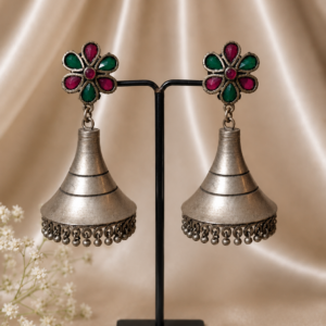 Artisanal Conical German Silver Jhumka Earrings with Stones