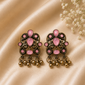 Antique Brass Pink Glass Stone Ghungroo Stud Earrings