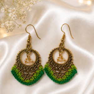 Antique Brass Green Crochet Hoop Earrings with Pearls