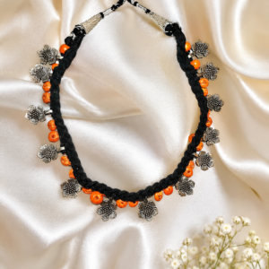 Handcrafted Black Thread Choker Necklace with Orange Beads