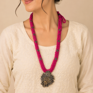 Handcrafted Magenta Fabric Rope Necklace with Silver Pendant