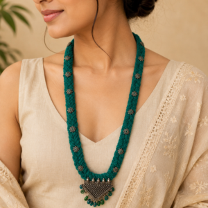 Teal Braided Thread Rope Necklace with Green Bead Metal Pendant