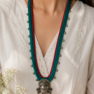Teal & Red Braided Thread Necklace with German Ganesha Pendant