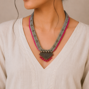 Grey & Pink Braided Thread Rope Necklace with Triangular Pendant