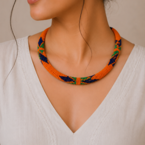 Handcrafted Orange Seed Bead Choker Necklace With Pattern