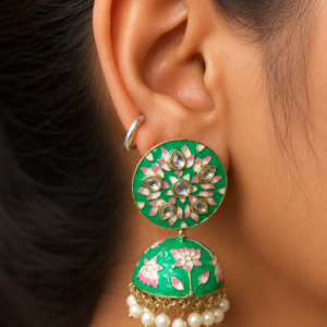 Handcrafted Green Lotus Meenakari Jhumka Drop Earrings