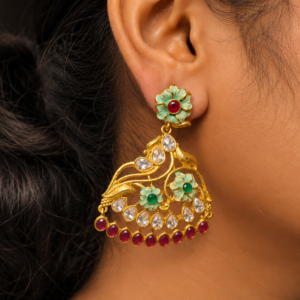 Handcrafted Antique Gold Green Enamel Chandelier Earrings