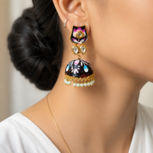 Hand Painted Floral Meenakari Lotus Jhumka Earrings