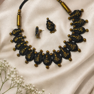 Black & Gold Carved Deity Motif Bead Necklace Set with Earrings