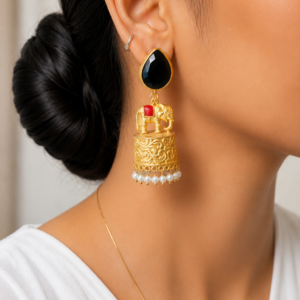 Antique Gold Elephant Motif Jhumka Earrings with Pearls