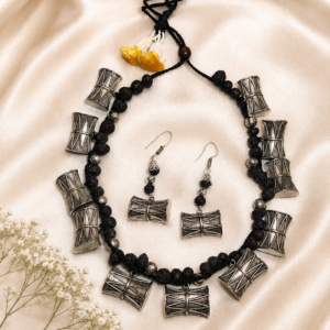 Damru Drum Motif Black Bead Necklace Set with Matching Earrings