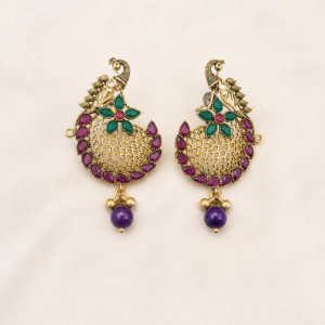 Antique Gold Peacock Filigree Earrings with Purple & Green Stones