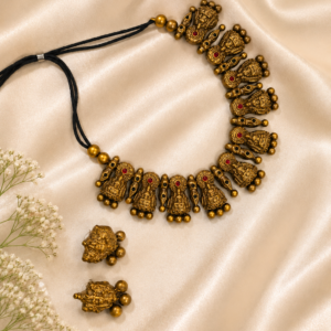 Antique Gold Tone Temple Deity Motif Choker Necklace Set