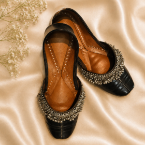 Black Leather Punjabi Jutti with Oxidized Silver Embellishment