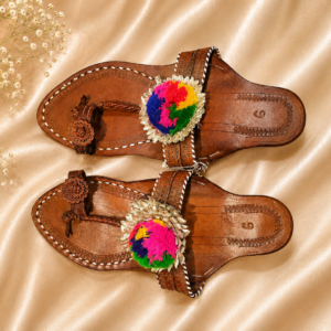 Handcrafted Leather Kolhapuri Sandals with Colorful Pom-Pom