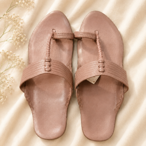 Nude Handmade Leather Kolhapuri Block Heel Sandals for Women