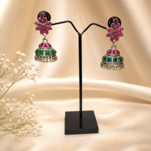 German Silver Red Green Stone Flower Jhumka Earrings
