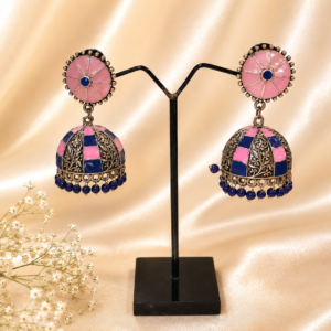 Handcrafted Pink Blue Checkerboard Meenakari Jhumka Set