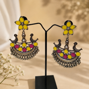 German Silver Yellow Pink Enamel Chandbali Earrings