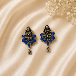 German Silver Lakshmi Deity Stud Earrings with Blue Stones
