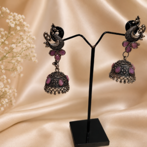 Peacock Silver Jhumka Drop Earrings with Pink Stones