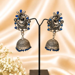 Antique Silver Blue Stone Peacock Motif Jhumka Earrings