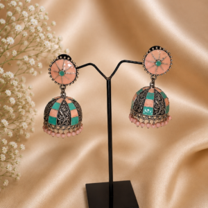 Handcrafted Peach Teal Checkerboard Meenakari Jhumkas